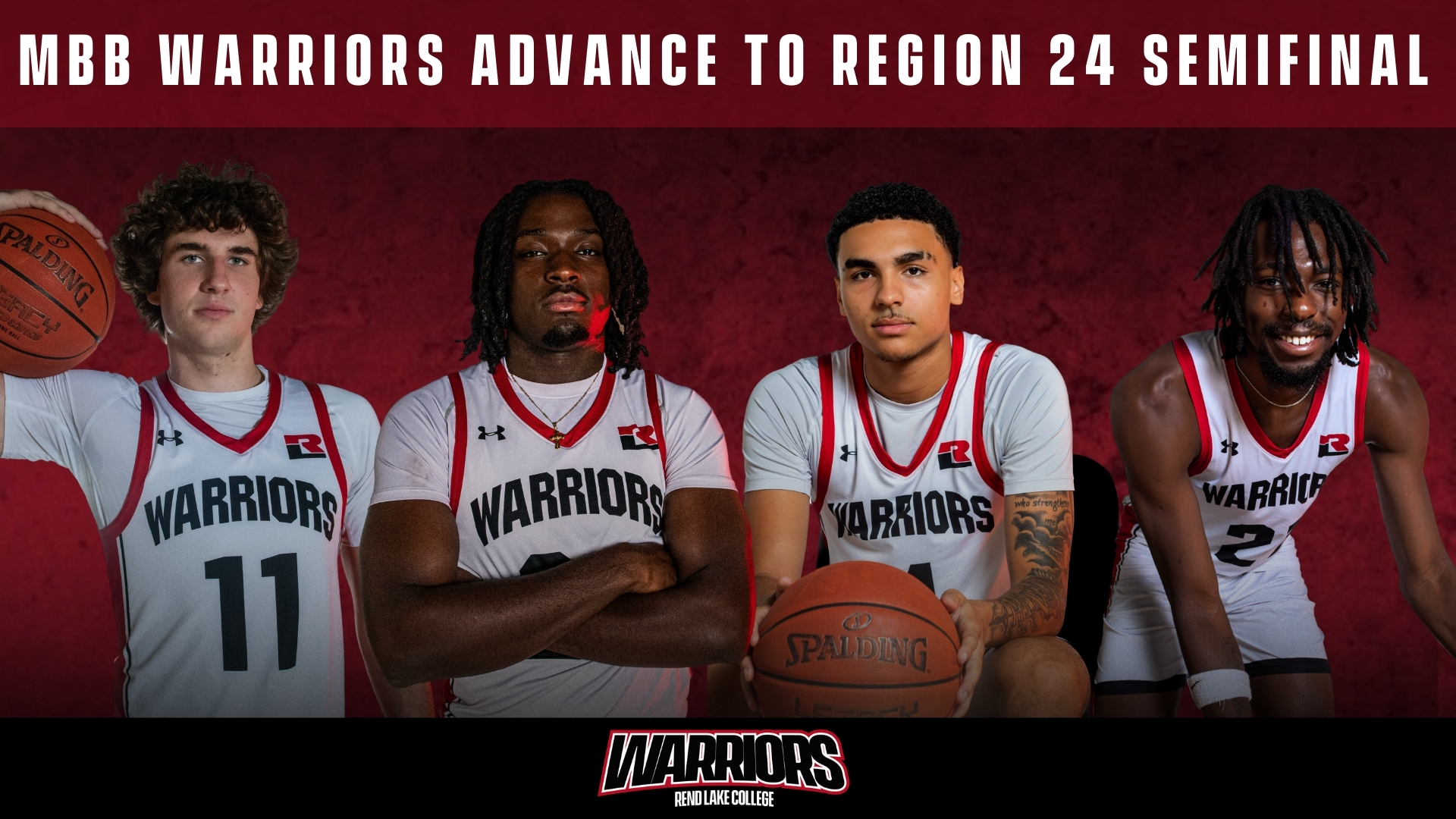 A promotional sports graphic for Rend Lake College titled "MBB WARRIORS ADVANCE TO REGION 24 SEMIFINAL" in white block lettering against a dark red textured background. The image features four basketball players in white and red Warriors jerseys posed from left to right: Will Paulson, Elijah Edosa, Donovan Coates, and Zeke Wilson.